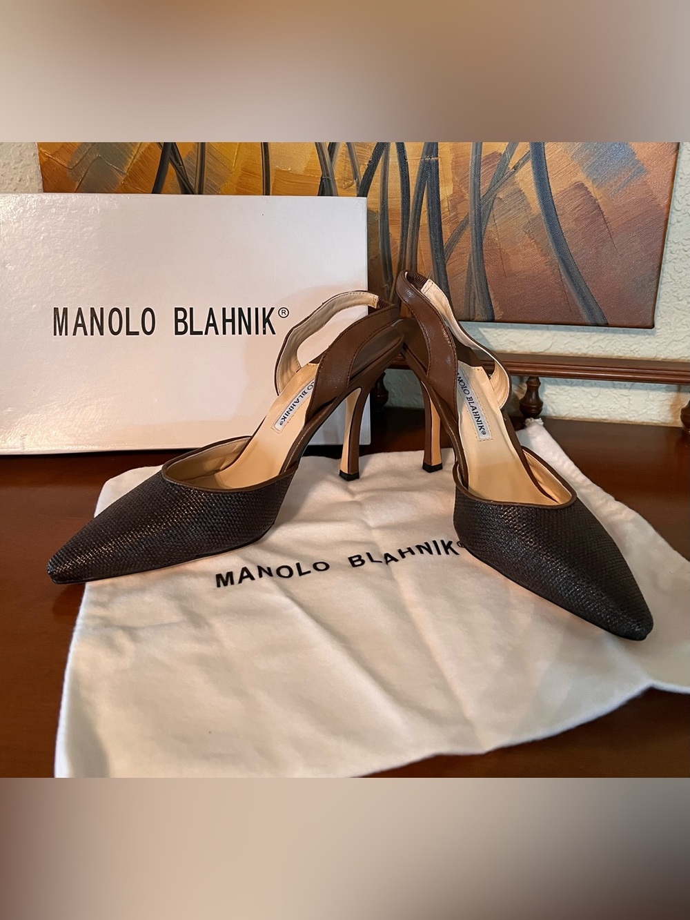 Manolo Blahnik Dark Brown/Bronze Textured Slingback Heels